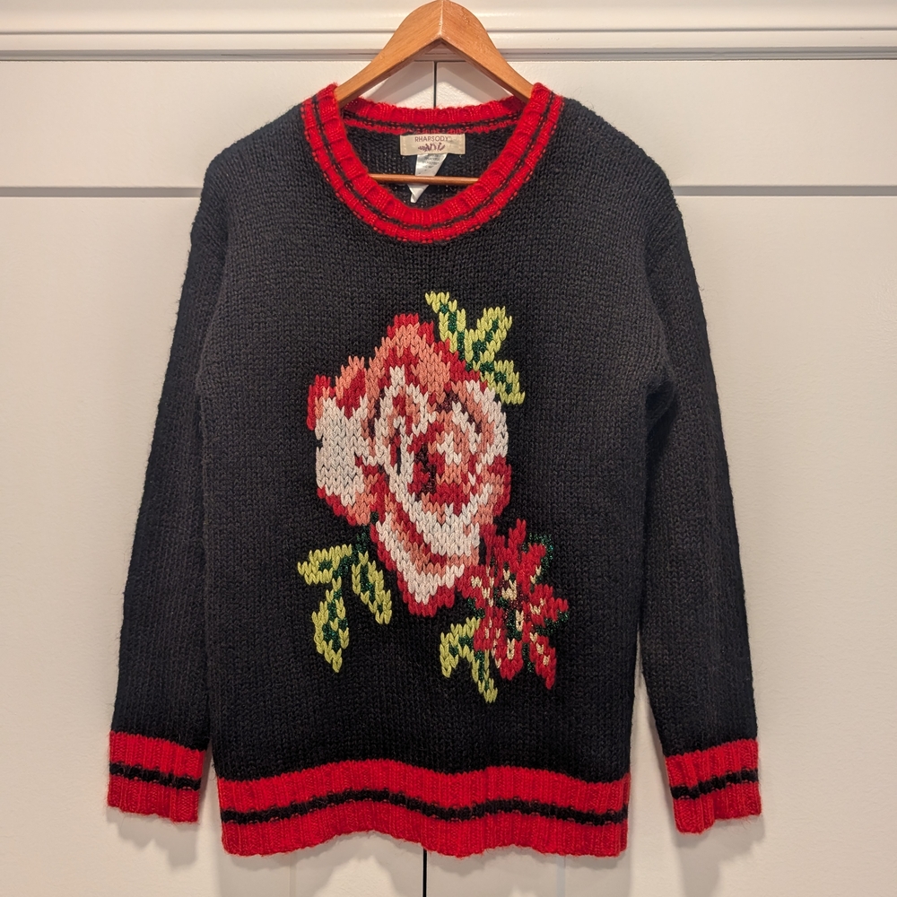 RHAPSODY Women's Black Knit Crewneck Sweater with Red Floral Intarsia Design - Picture 1 of 7
